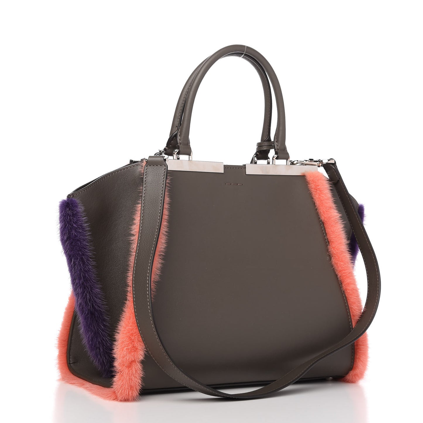 Calfskin Mink Fur Trim Petite 3Jours Tote Carbone Multicolor