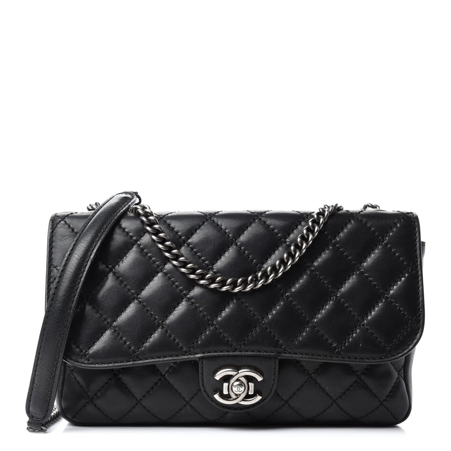 Calfskin Stitched Quilted Flap Black