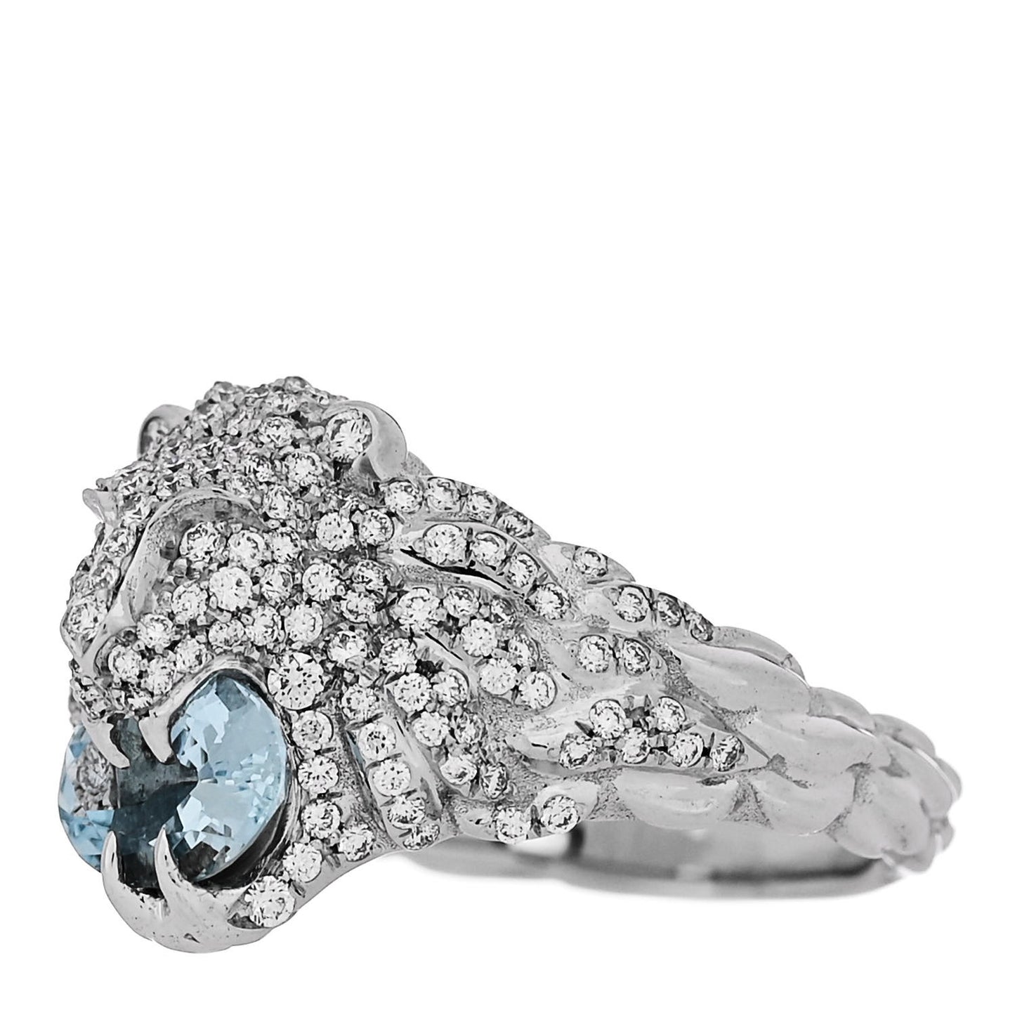 18K White Gold Diamond Aquamarine Pave Lion Head Ring 52 6