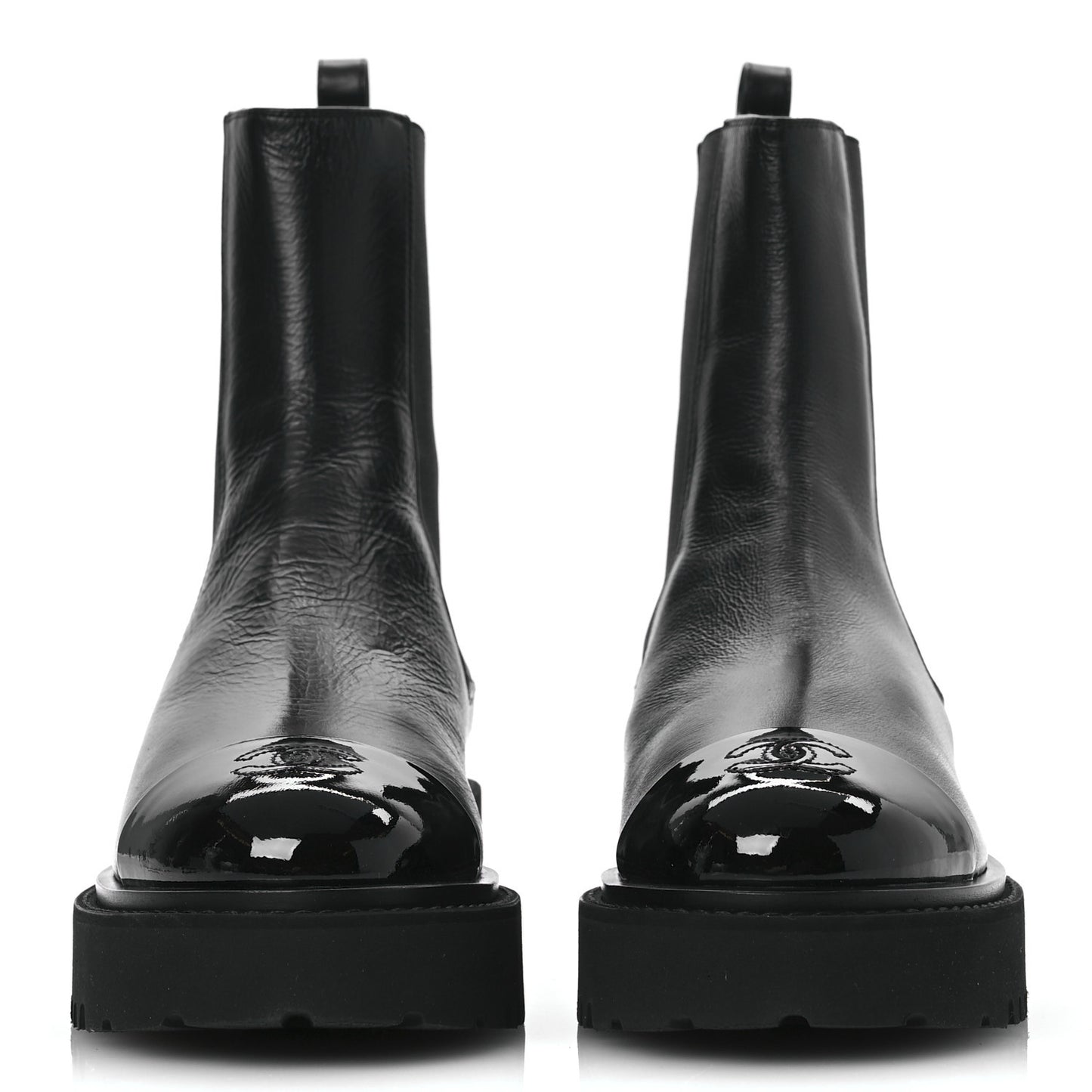 Crumpled Calfskin Patent Cap Toe Short Boots 39.5 Black