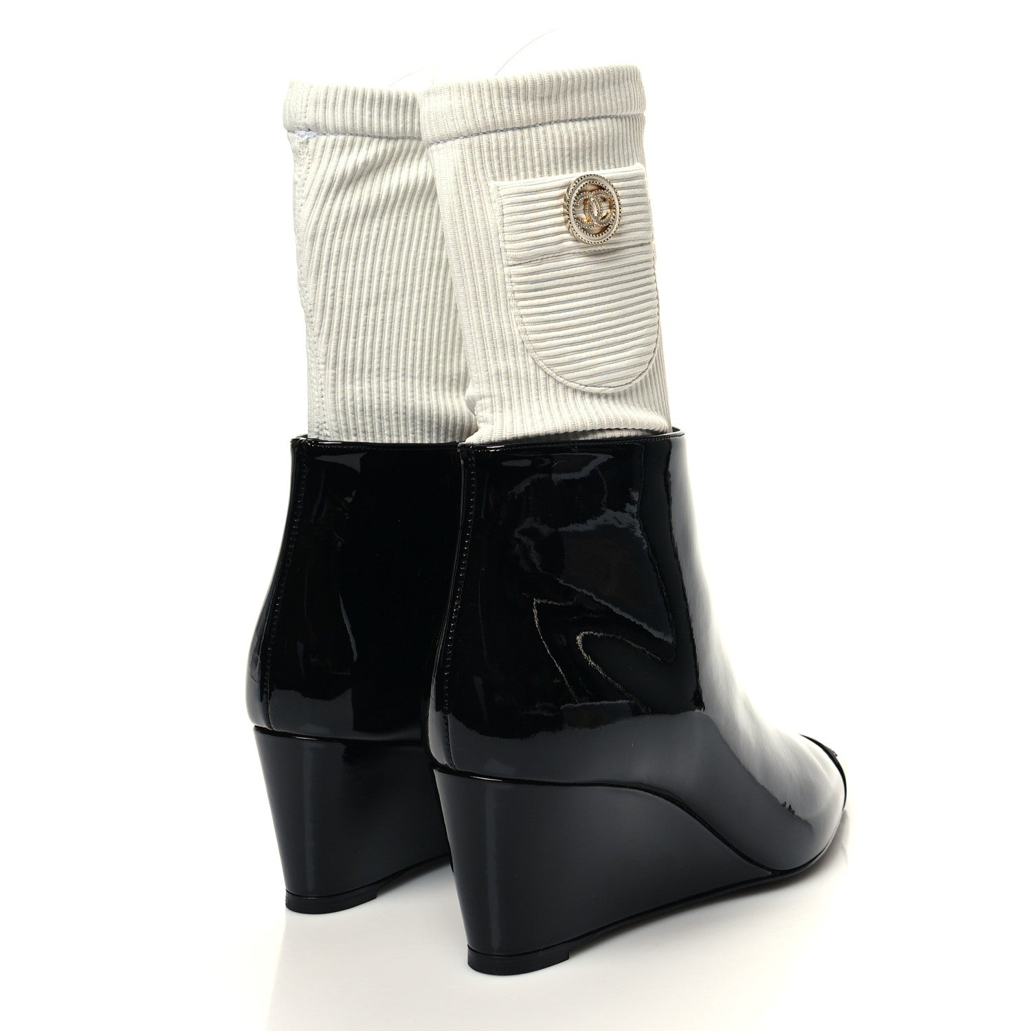 Chanel Patent Knit Wedge Ankle Boots 38.5 Black White 4 of 9
