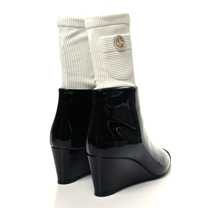 Chanel Patent Knit Wedge Ankle Boots 38.5 Black White 4 of 9