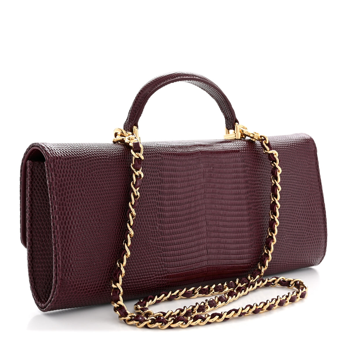 Calfskin Lizard Embossed Clutch With Chain Bordeaux