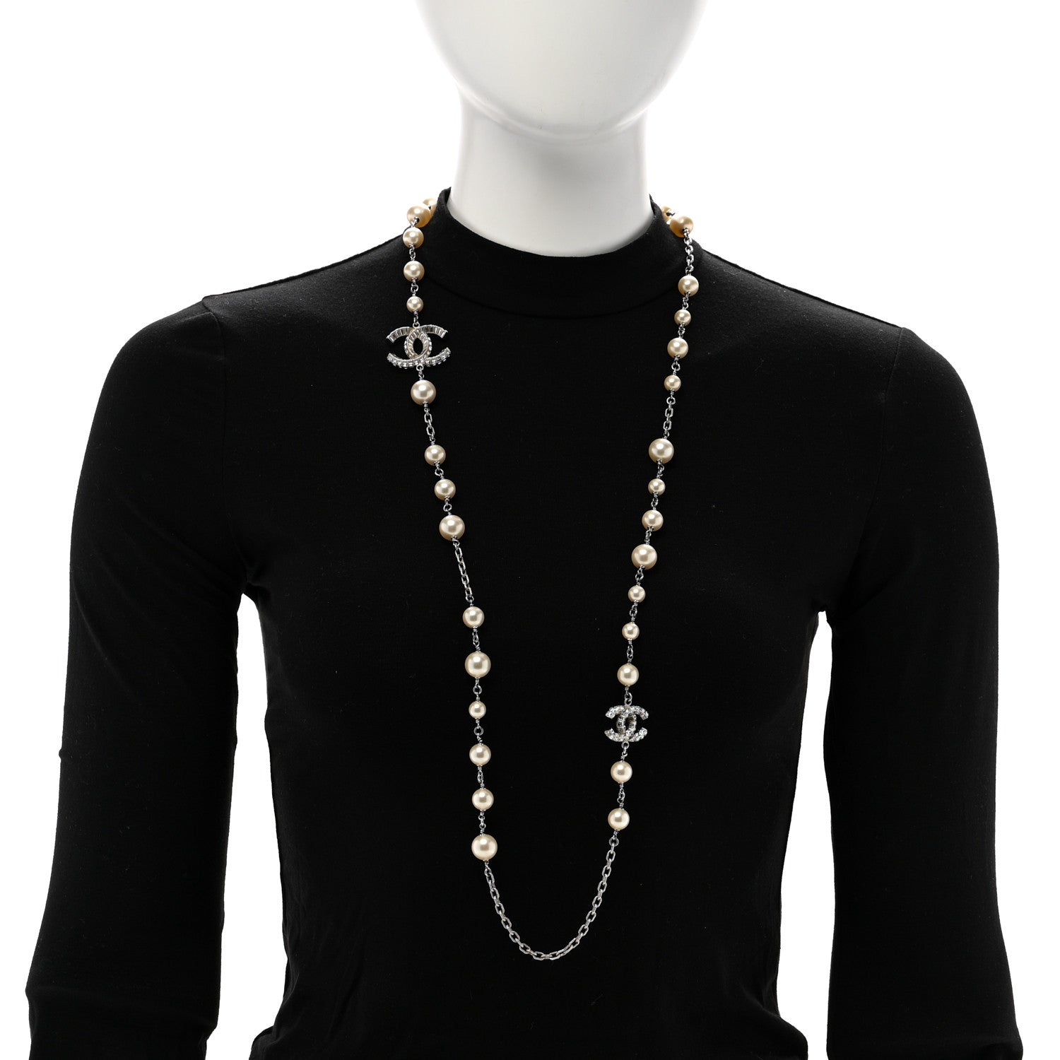 Chanel Pearl Baguette Crystal CC Long Necklace Silver 2 of 7