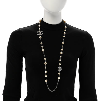 Chanel Pearl Baguette Crystal CC Long Necklace Silver 2 of 7