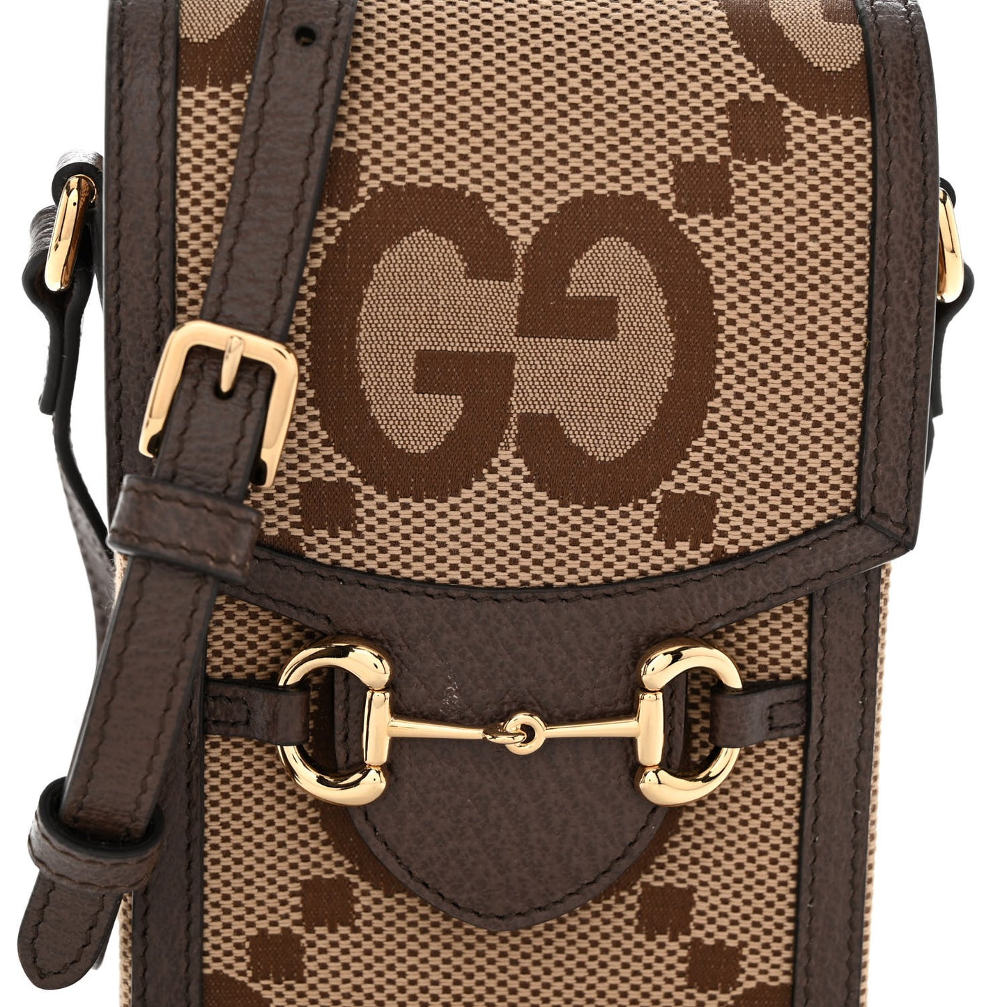 Monogram Jumbo GG Textured Dollar Calfskin Mini Horsebit 1955 Crossbody Bag Camel Ebony New Acero