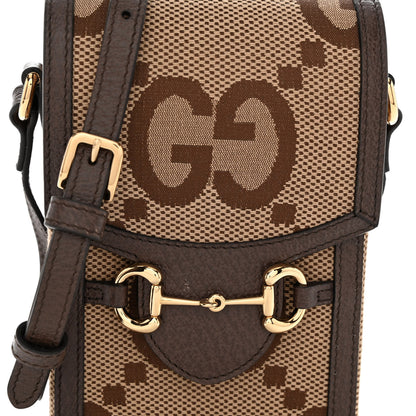 Gucci Monogram Jumbo GG Textured Dollar Calfskin Mini Horsebit 1955 Crossbody Bag Camel Ebony New Acero 8 of 11