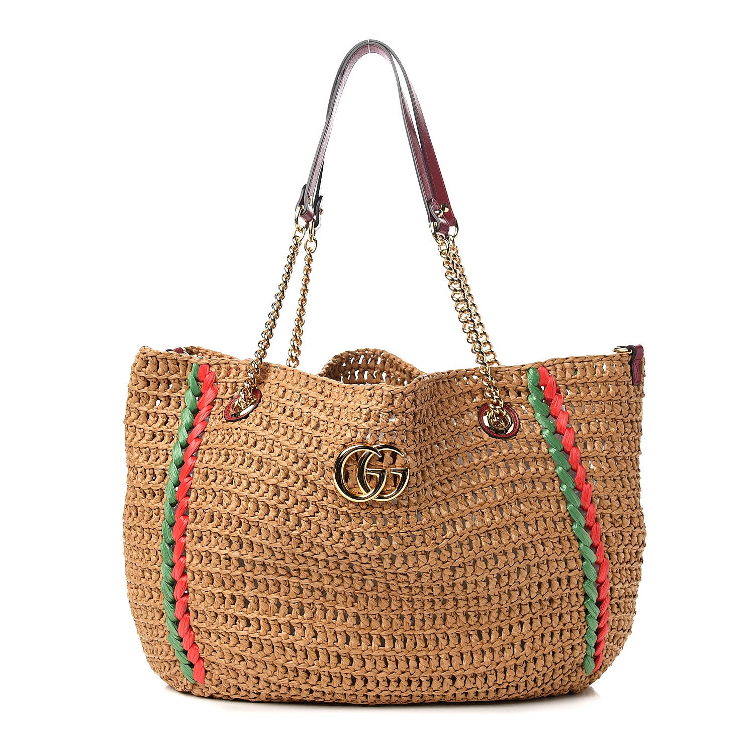 Gucci Raffia Effect Large GG Marmont Shoulder Tote Bag Natural Red Green 1 of 9