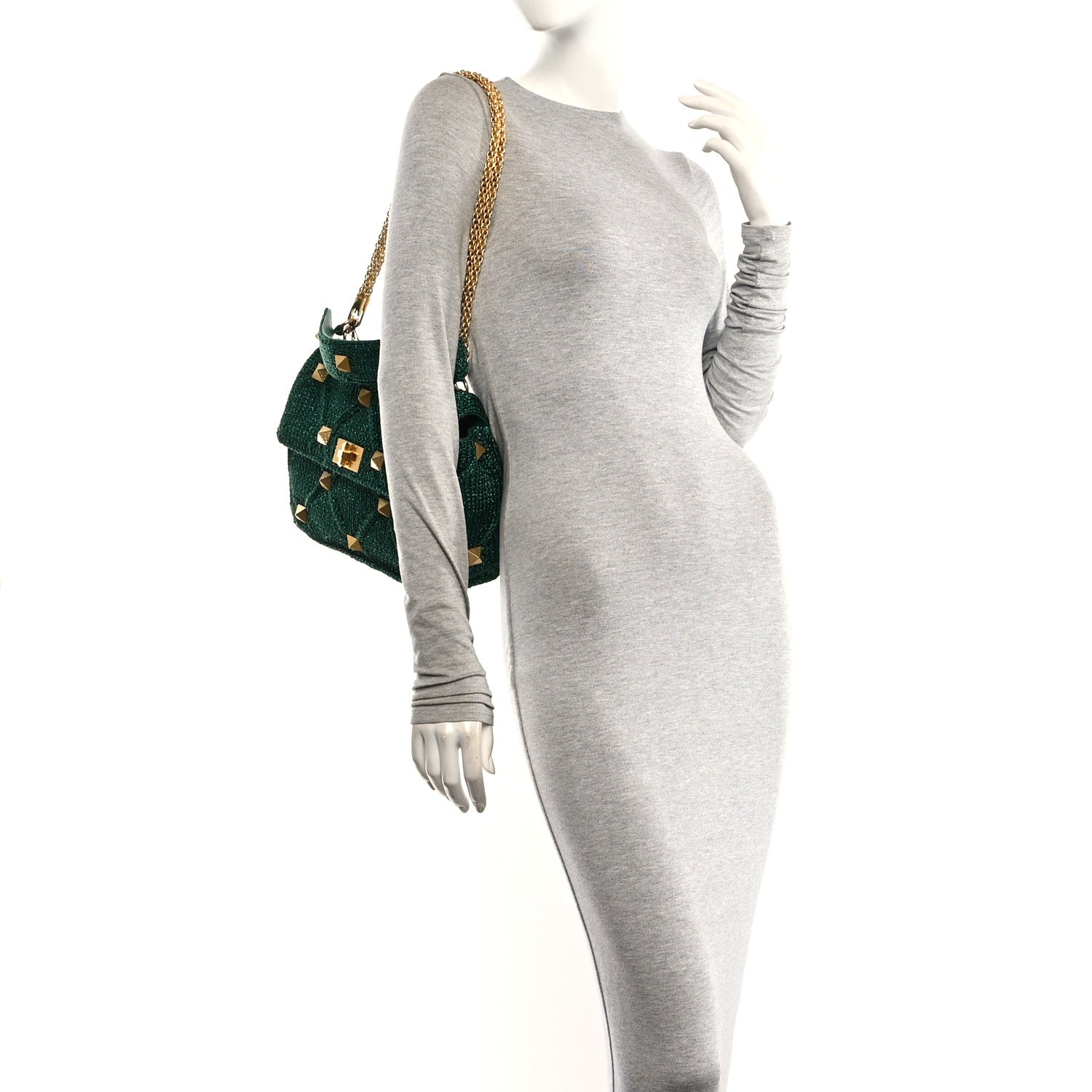 Valentino Garavani Metallic Woven Lurex Large Roman Stud Shoulder Bag Jungle 2 of 10