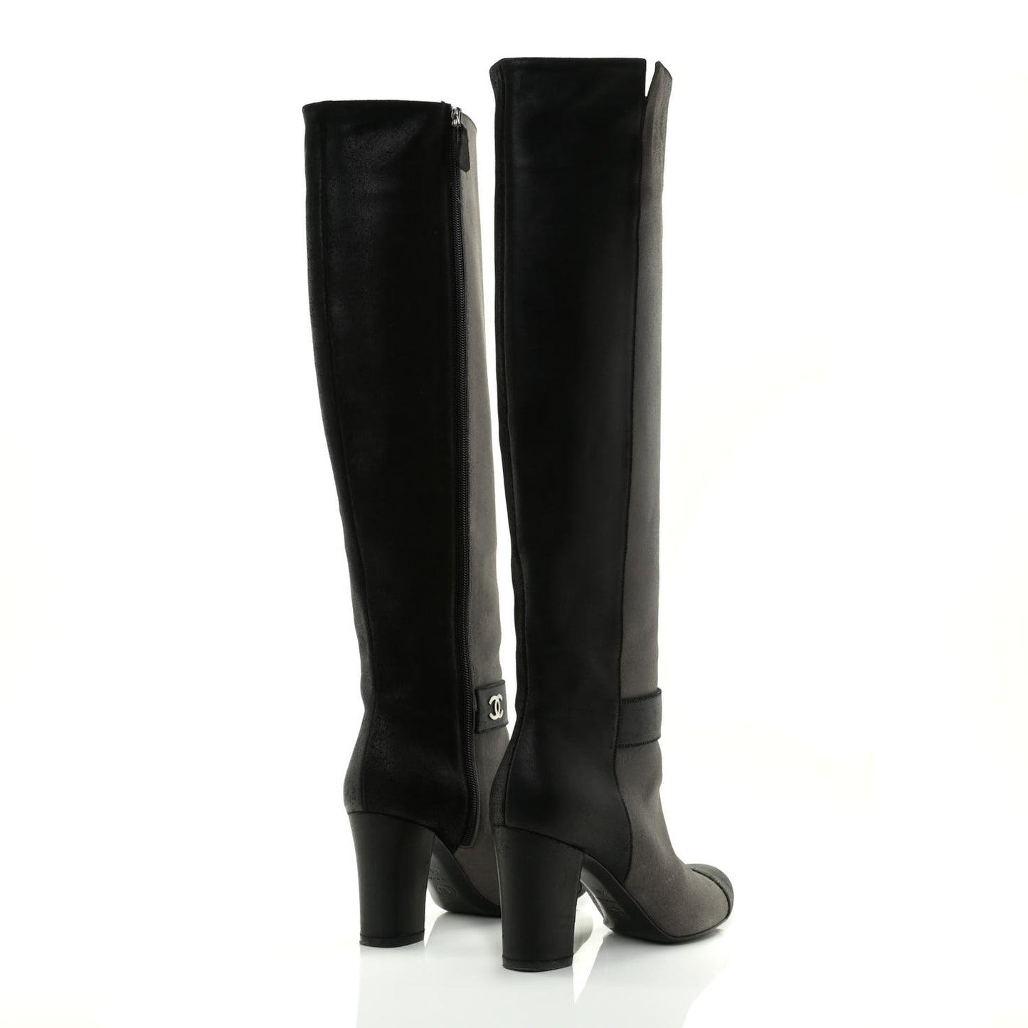 Suede Calfskin CC Cap Toe Knee High Boots 40 Black Grey