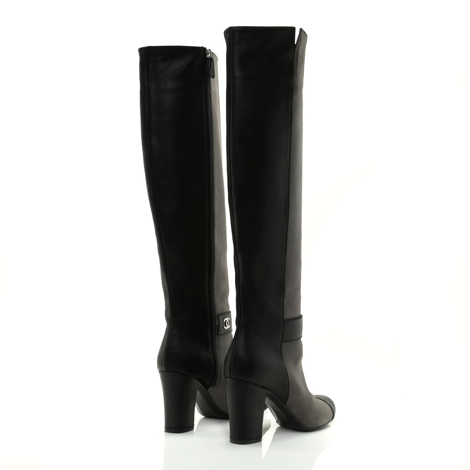Chanel Suede Calfskin CC Cap Toe Knee High Boots 40 Black Grey 4 of 13