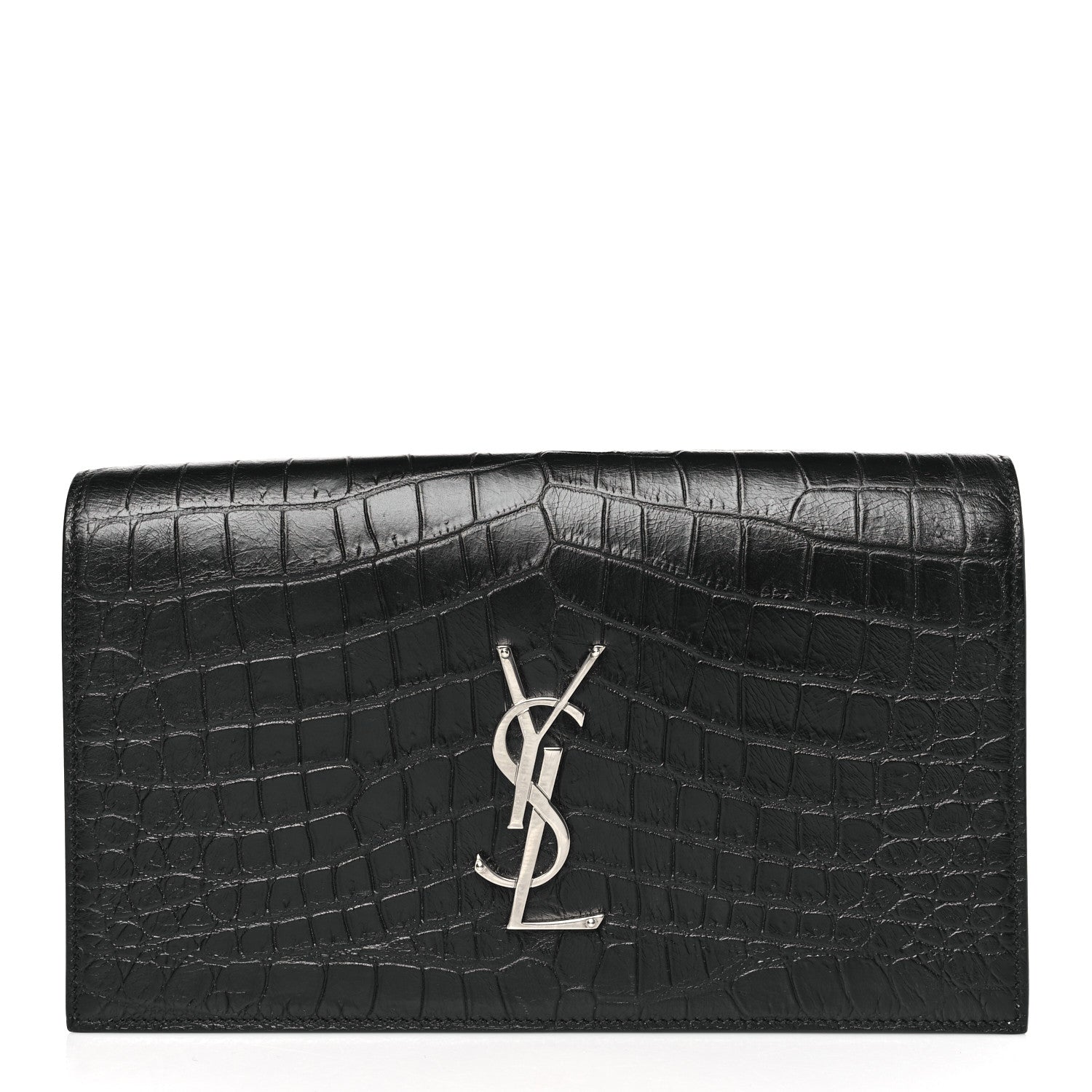 Saint Laurent Calfskin Crocodile Embossed Classic Kate Monogram Clutch Black 1 of 9