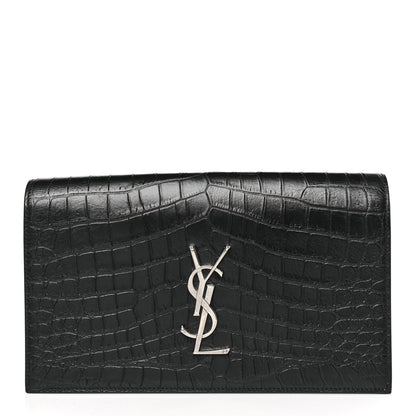 Saint Laurent Calfskin Crocodile Embossed Classic Kate Monogram Clutch Black 1 of 9