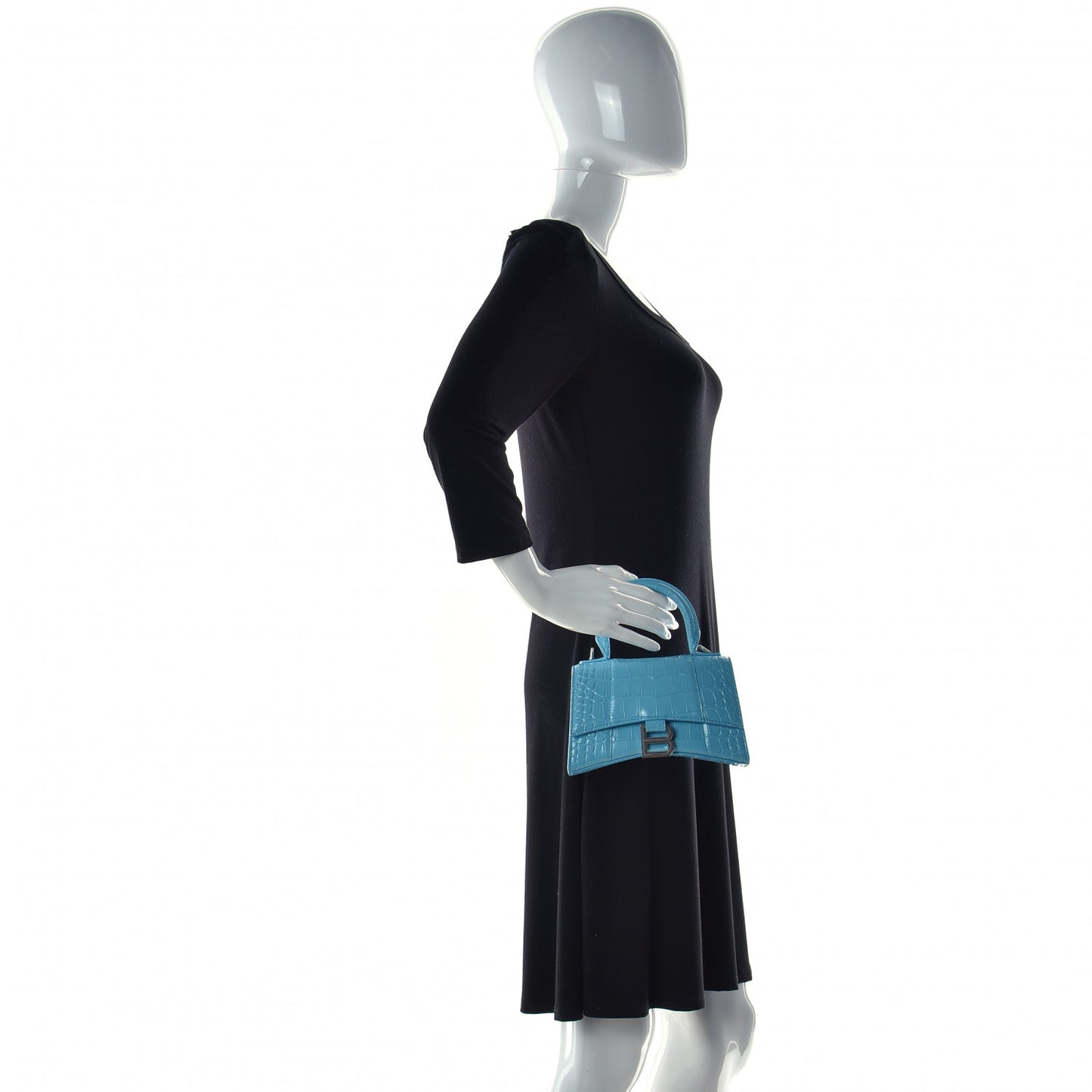 Shiny Calfskin Crocodile Embossed Hourglass Top Handle Bag XS Azur
