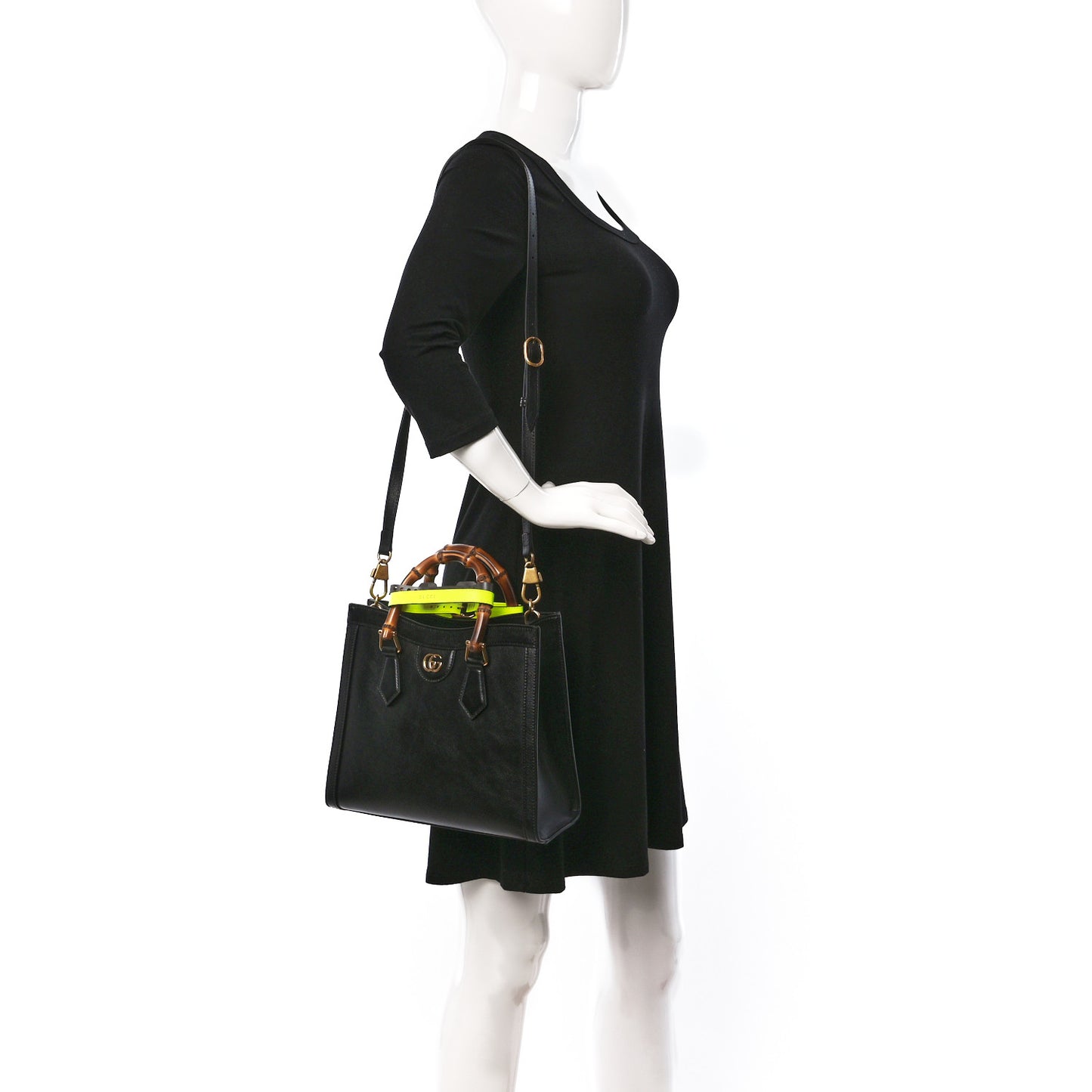 Calfskin Small Diana Tote Bag Black Yellow Fluo