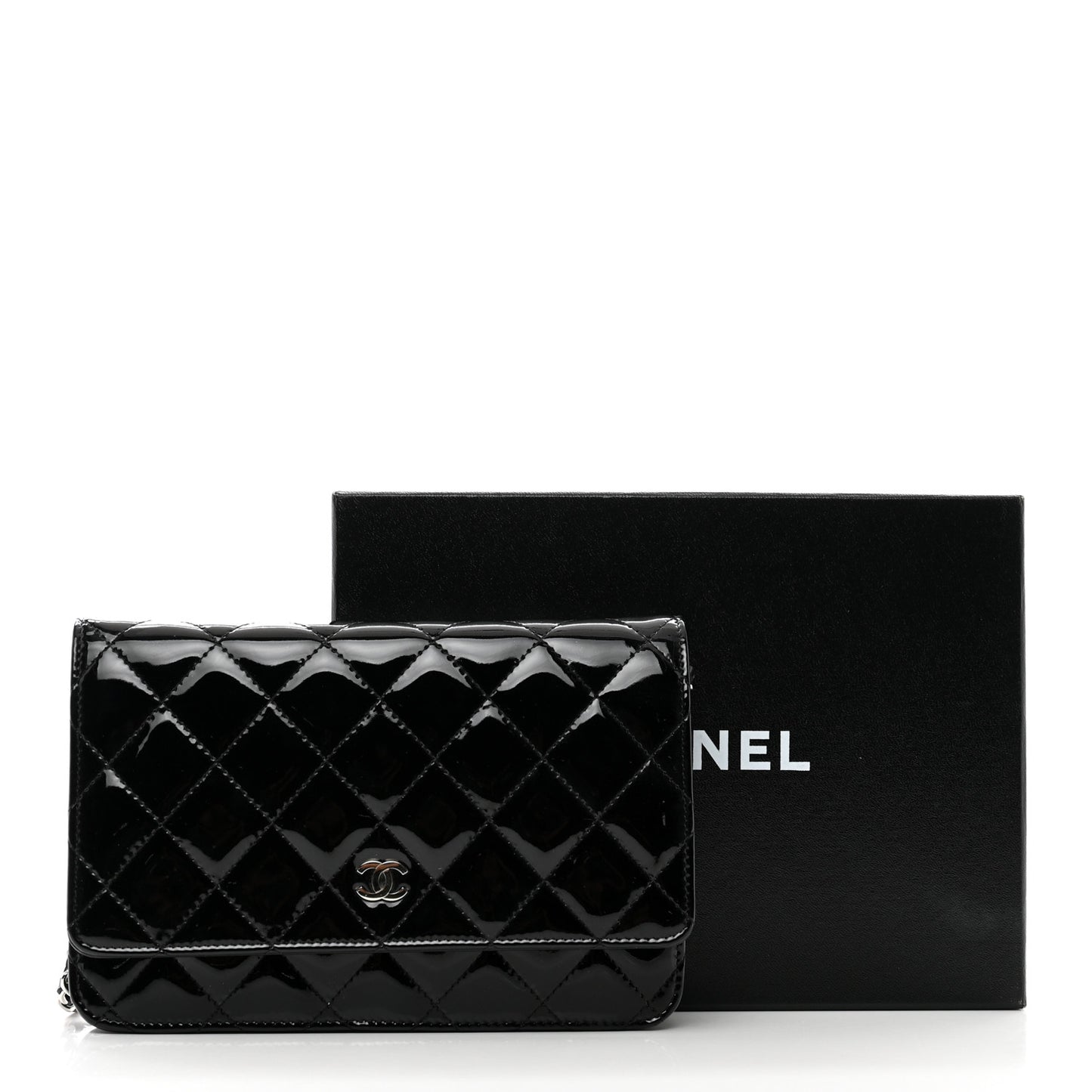 Patent Quilted Wallet On Chain WOC Black
