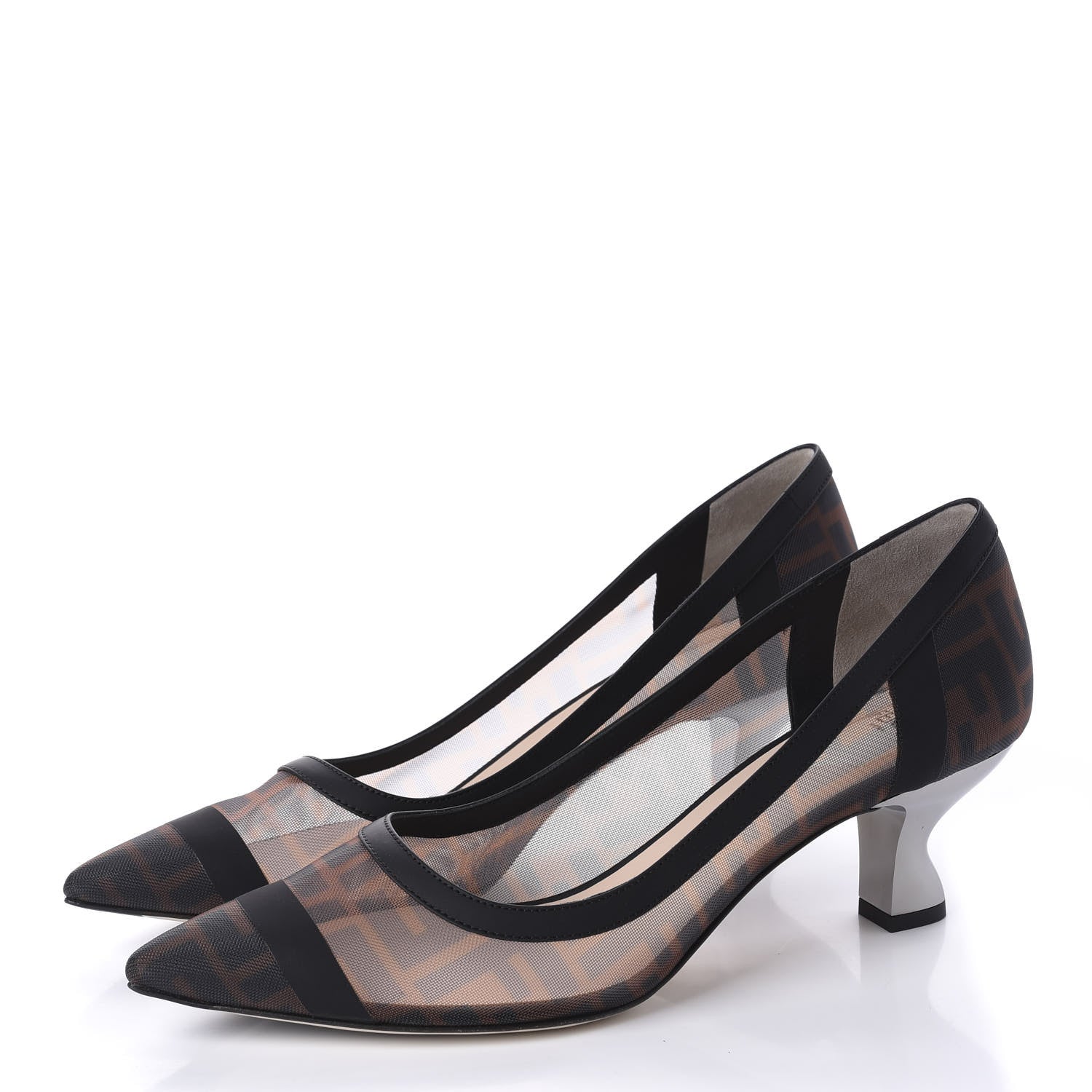Fendi Technical Mesh Vitello Gommato FF Colibri 55mm Pumps 40 Tobacco Moro Black 3 of 9