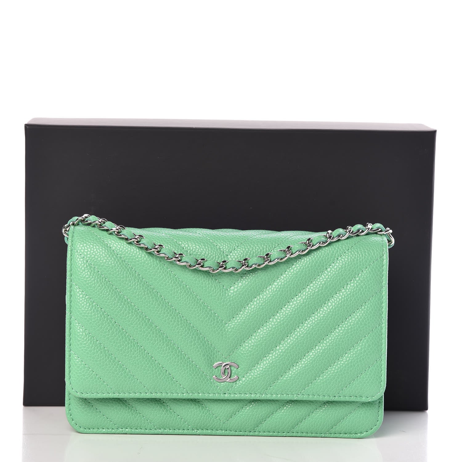 Chanel Caviar Chevron Quilted Wallet On Chain WOC Green 11 of 11