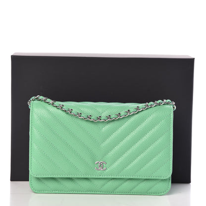 Chanel Caviar Chevron Quilted Wallet On Chain WOC Green 11 of 11
