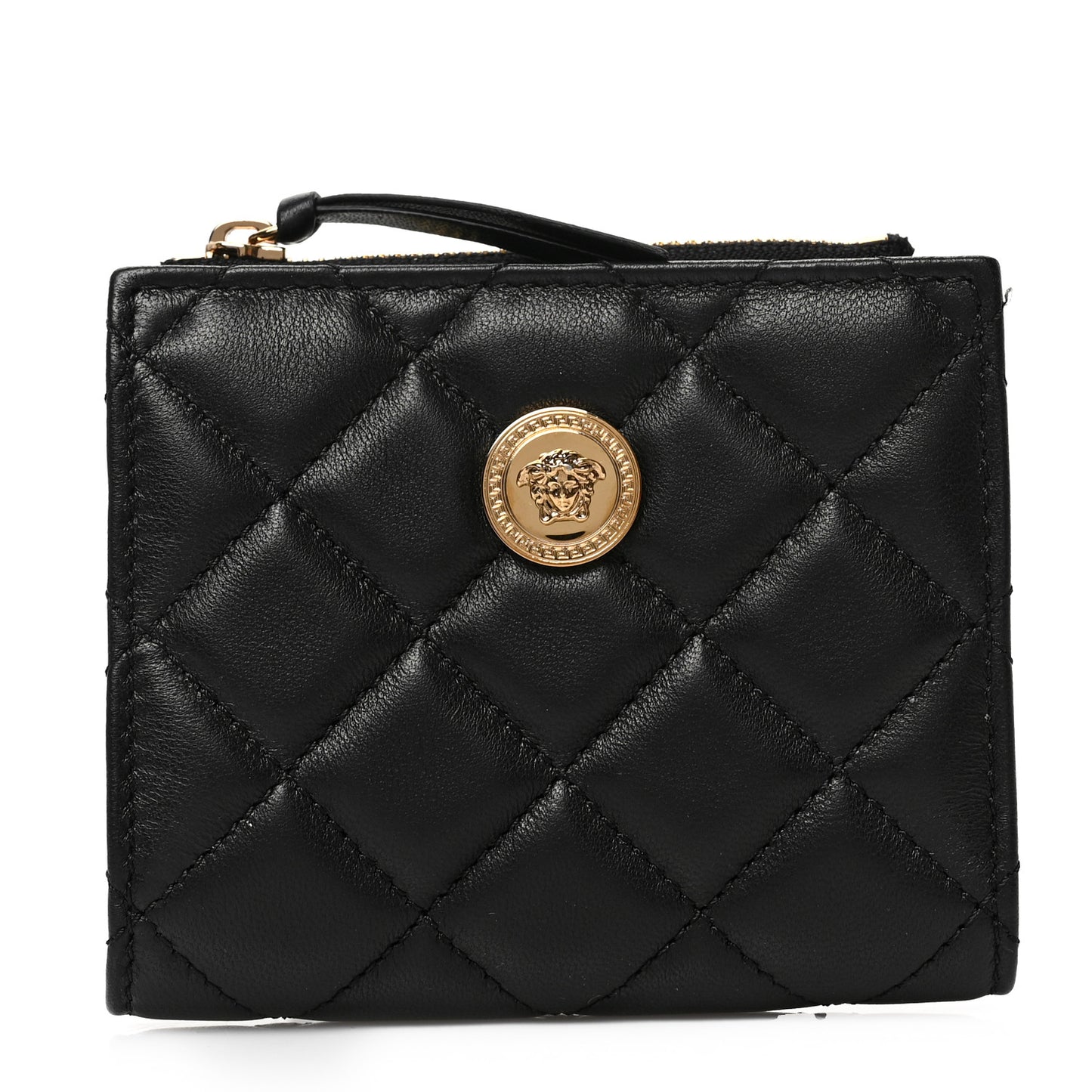 Calfskin Quilted Medusa Zip Card Holder Wallet Black
