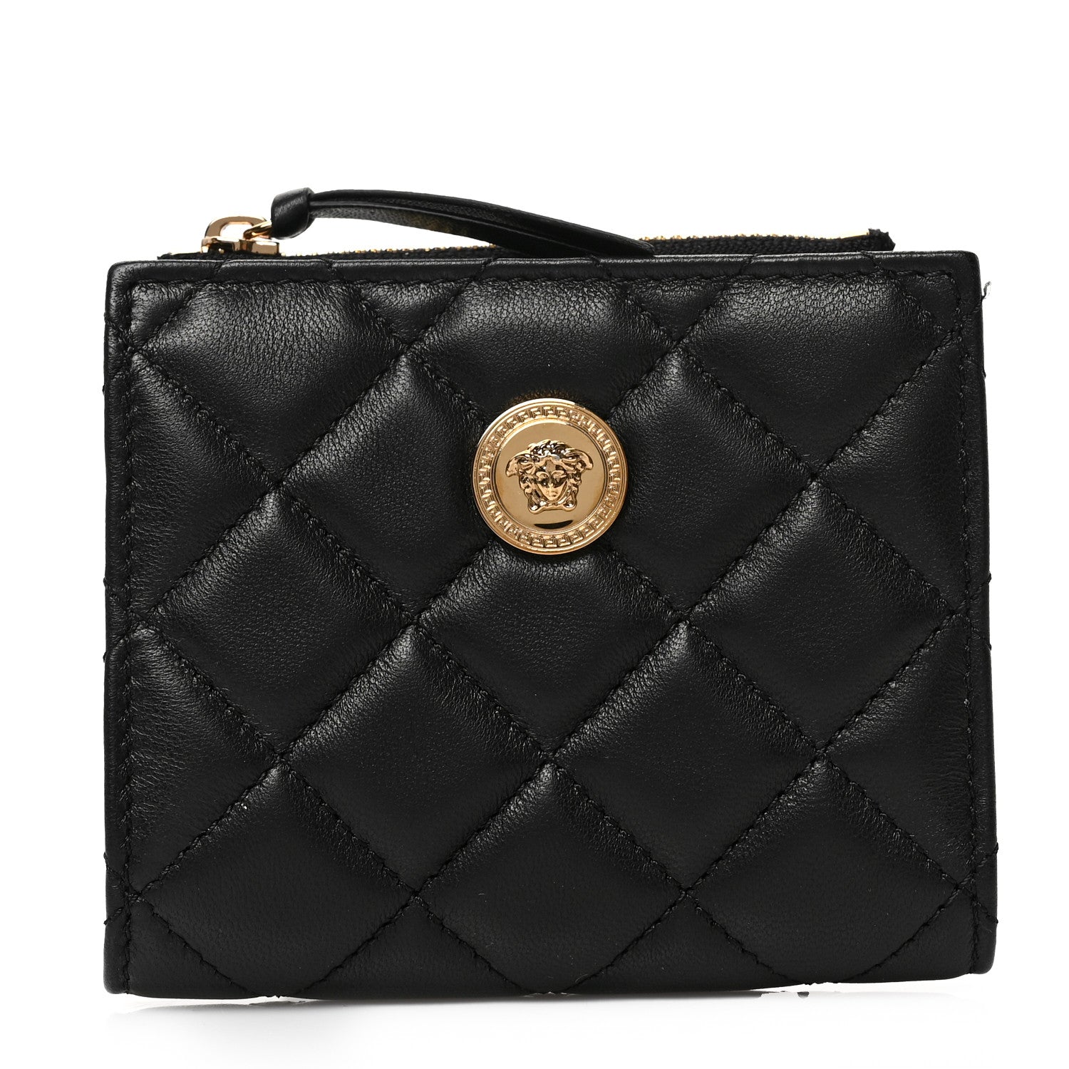Versace Calfskin Quilted Medusa Zip Card Holder Wallet Black 1 of 6
