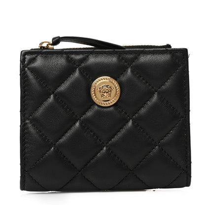 Versace Calfskin Quilted Medusa Zip Card Holder Wallet Black 1 of 6