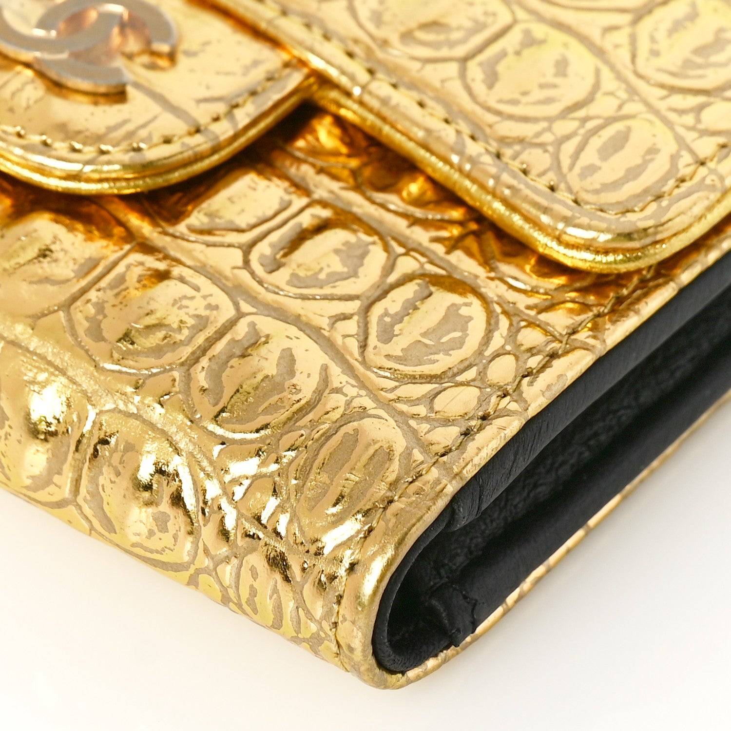 Chanel Metallic Calfskin Crocodile Embossed Cocodile Compact Flap Wallet Gold 9 of 10