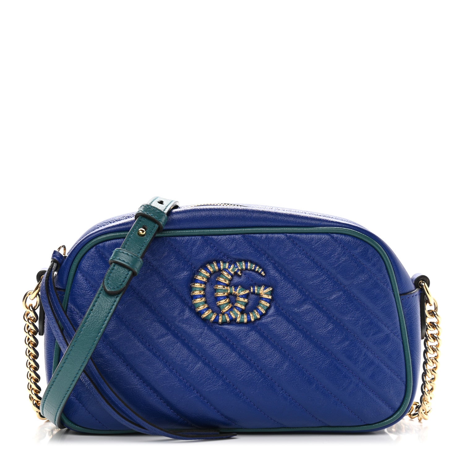Gucci Azalea Calfskin Enamel Matelasse Diagonal Small Torchon GG Marmont Chain Shoulder Bag Imperial Blue Pavone 1 of 10
