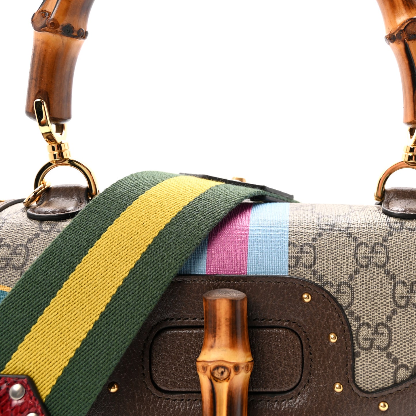 GG Supreme Monogram Studded Calfskin Centum Medium Bamboo 1947 Top Handle Bag Beige Ebony Multicolor