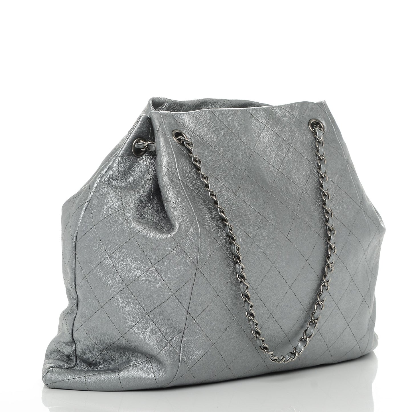 Metallic Calfskin Quilted Small Drawstring Bag Silver