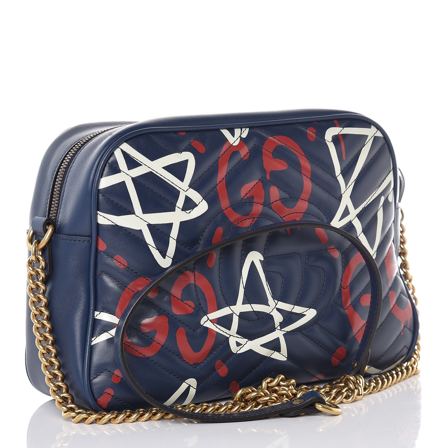 Calfskin Matelasse GucciGhost Medium GG Marmont Chain Shoulder Bag Blue Agata Hibiscus Red
