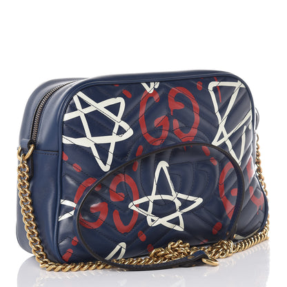 Gucci Calfskin Matelasse GucciGhost Medium GG Marmont Chain Shoulder Bag Blue Agata Hibiscus Red 3 of 12