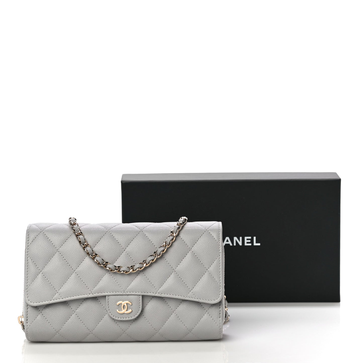 Caviar Quilted Phone Holder Wallet on Removable Chain Grey