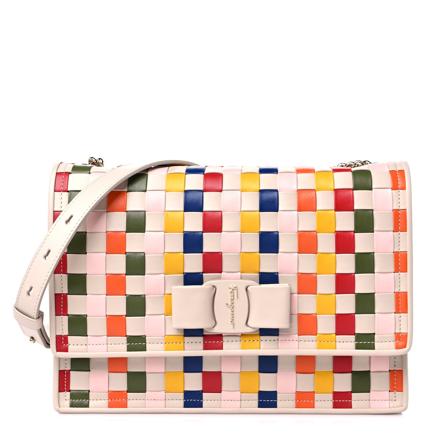 Woven Calfskin Viva Bow Shoulder Bag Multicolor