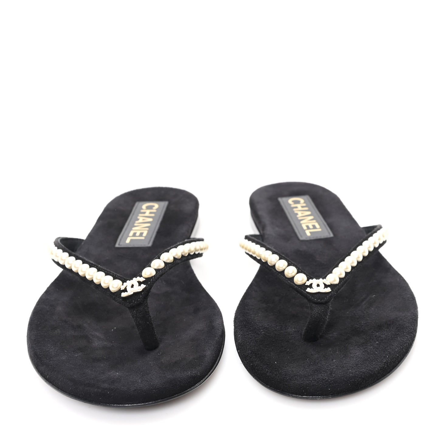 Suede Pearl Strass CC Thong Sandals 35.5 Black