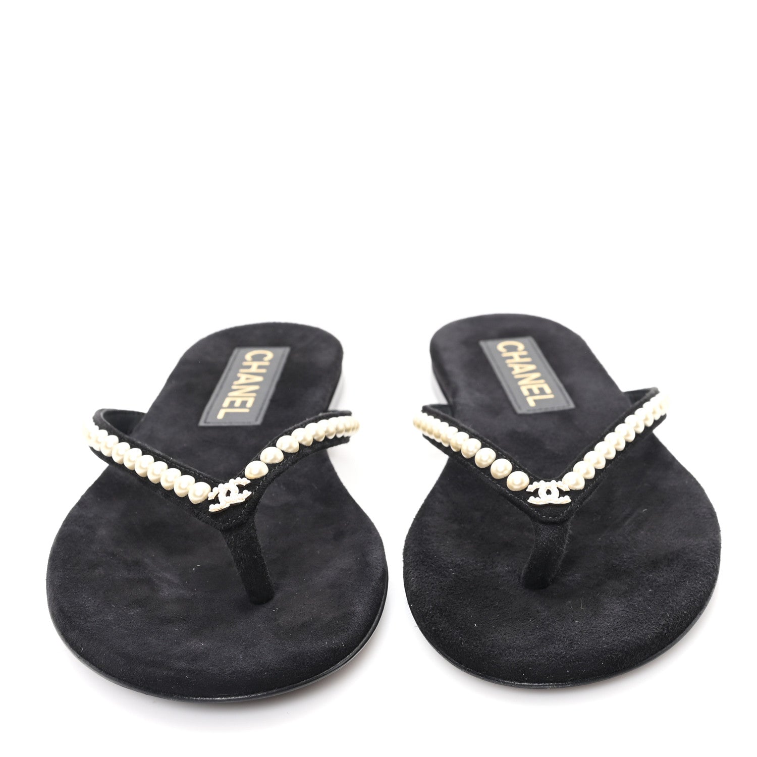 Chanel Suede Pearl Strass CC Thong Sandals 35.5 Black 3 of 8