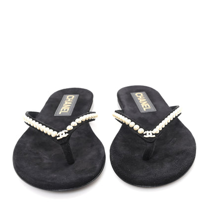 Chanel Suede Pearl Strass CC Thong Sandals 35.5 Black 3 of 8