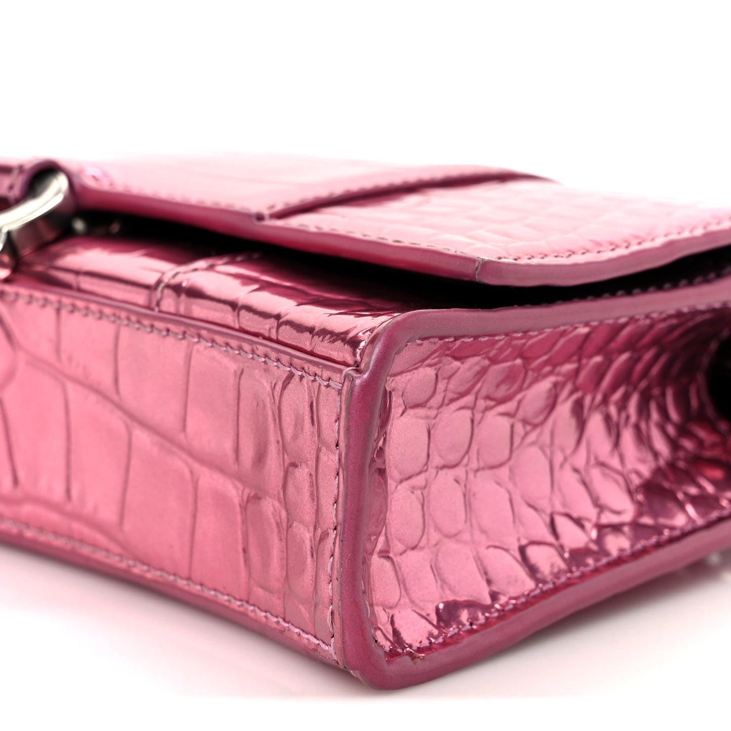 Metallic Shiny Calfskin Crocodile Embossed Hourglass Chain Bag Pink