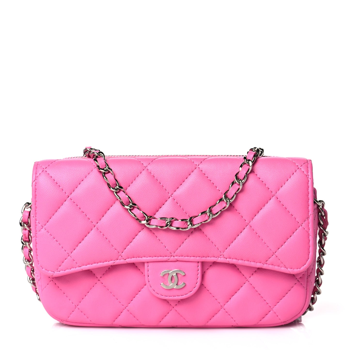 Lambskin Quilted Flap Phone Holder With Chain Neon Pink