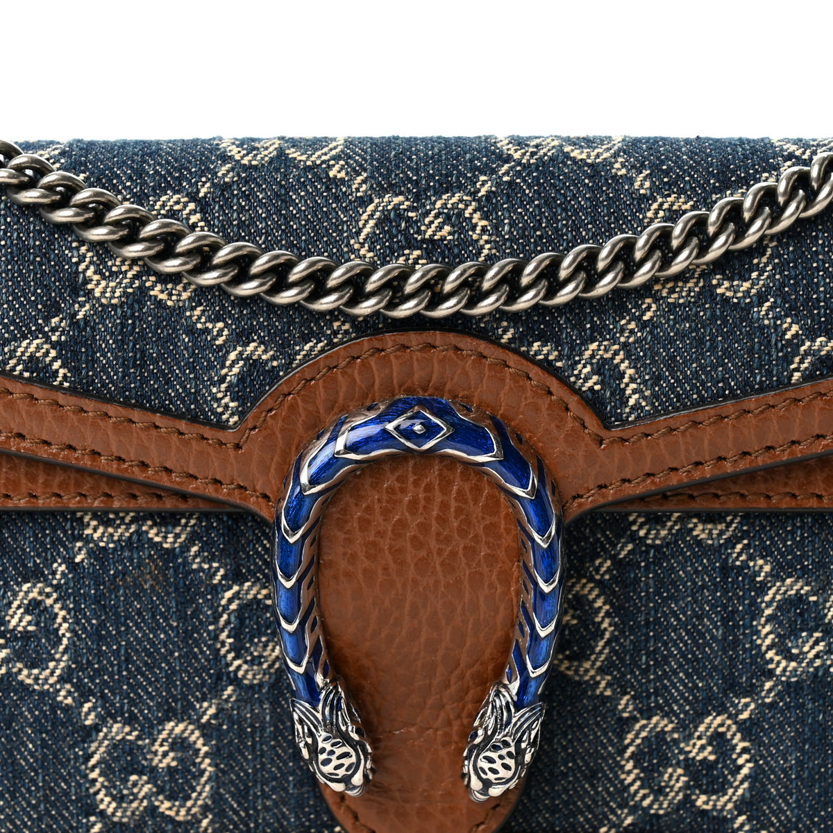 New Denim GG Monogram Dollar Calfskin Enamel Super Mini Dionysus Shoulder Bag Blue Tea Cuir Epilog Electric Blue