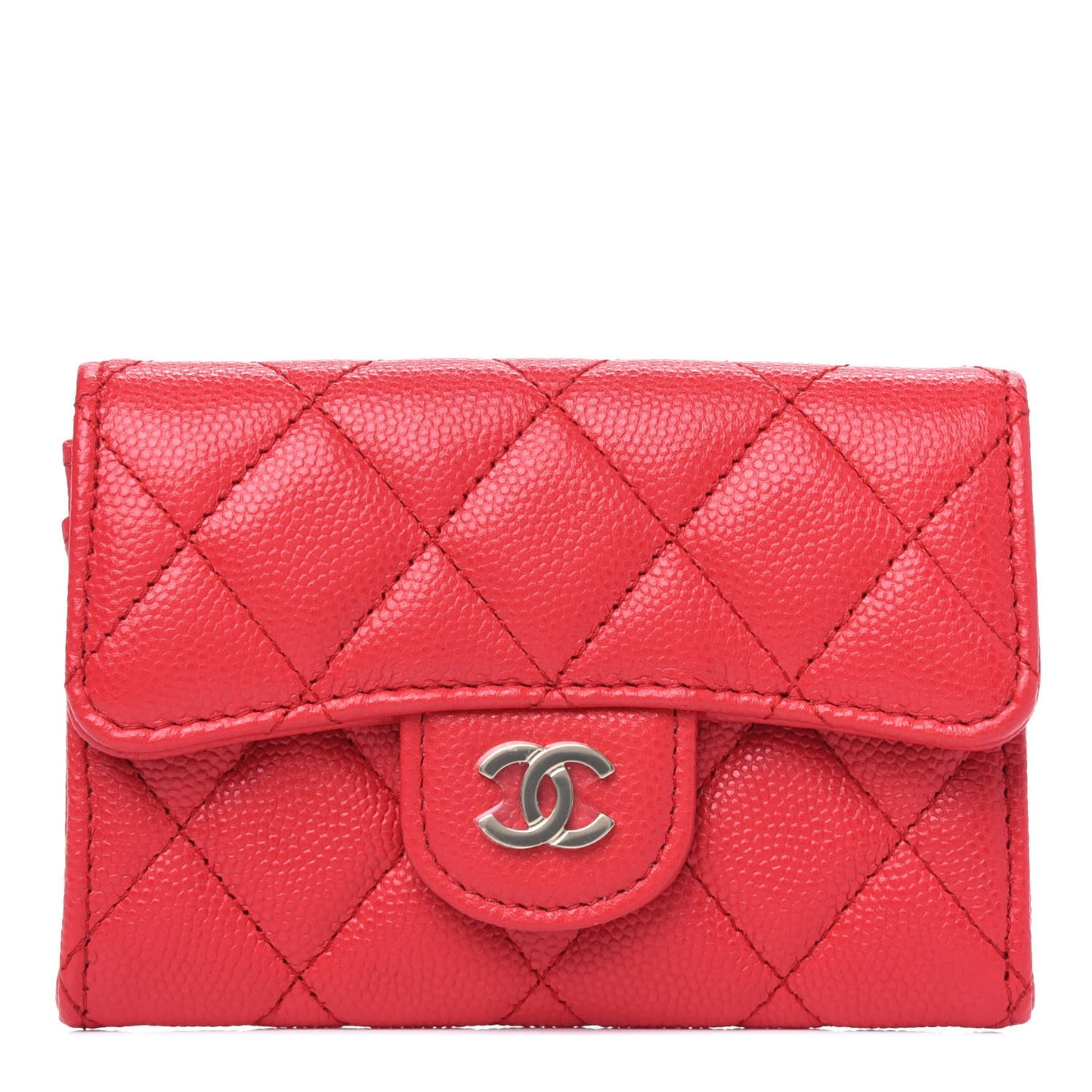 Caviar Quilted Flap Card Holder Wallet Red
