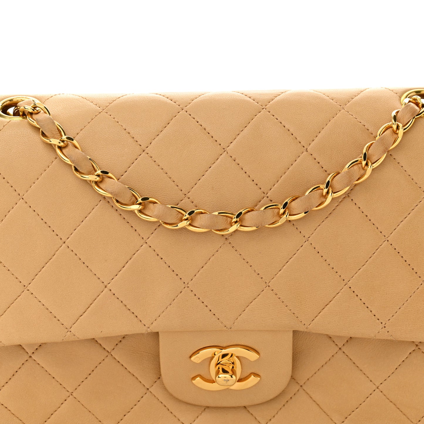 Lambskin Quilted Medium Double Flap Beige