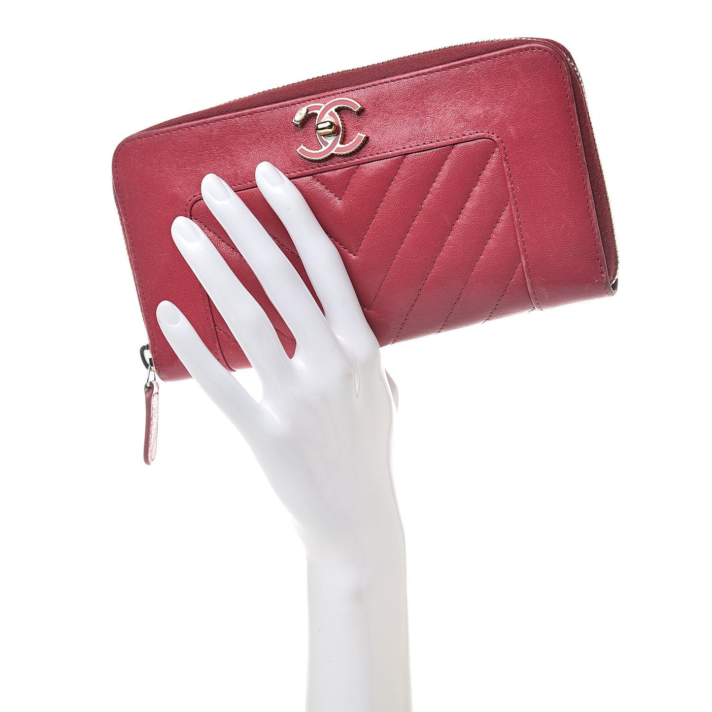 Sheepskin Chevron Quilted Mademoiselle Vintage Zip Around Wallet Dark Pink