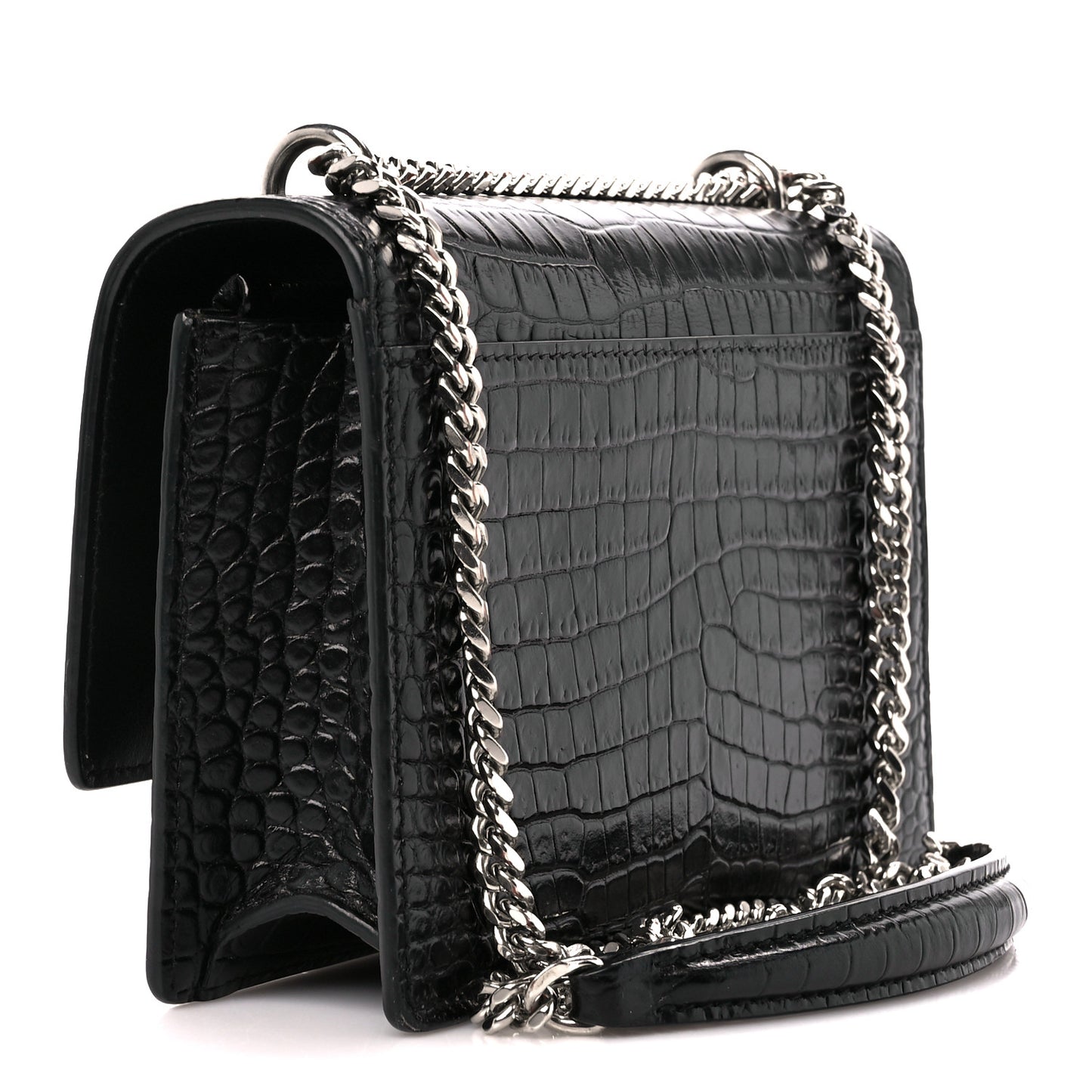 Calfskin Crocodile Embossed Monogram Sunset Chain Wallet Black