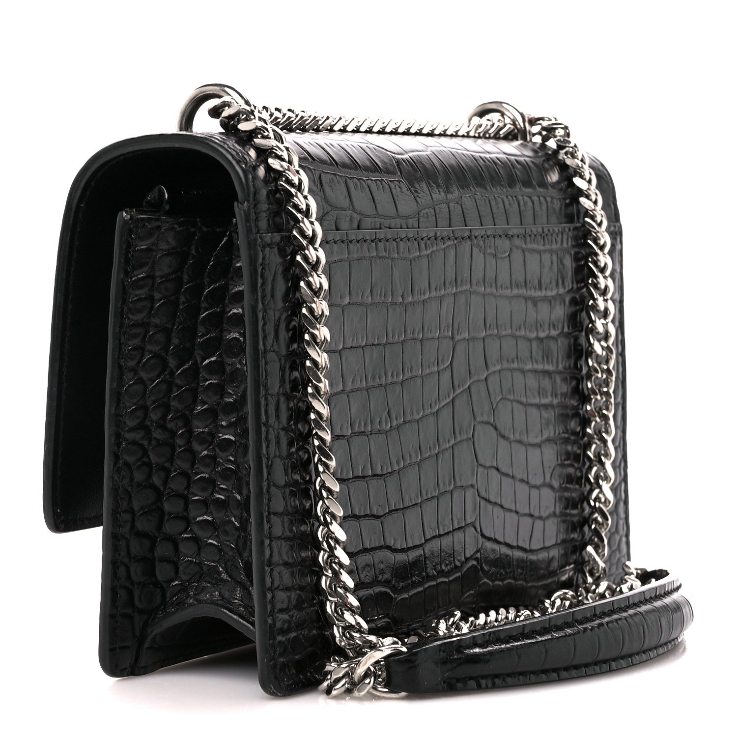 Saint Laurent Calfskin Crocodile Embossed Monogram Sunset Chain Wallet Black 3 of 9