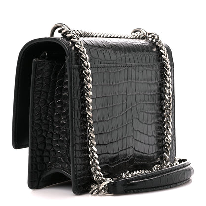 Saint Laurent Calfskin Crocodile Embossed Monogram Sunset Chain Wallet Black 3 of 9