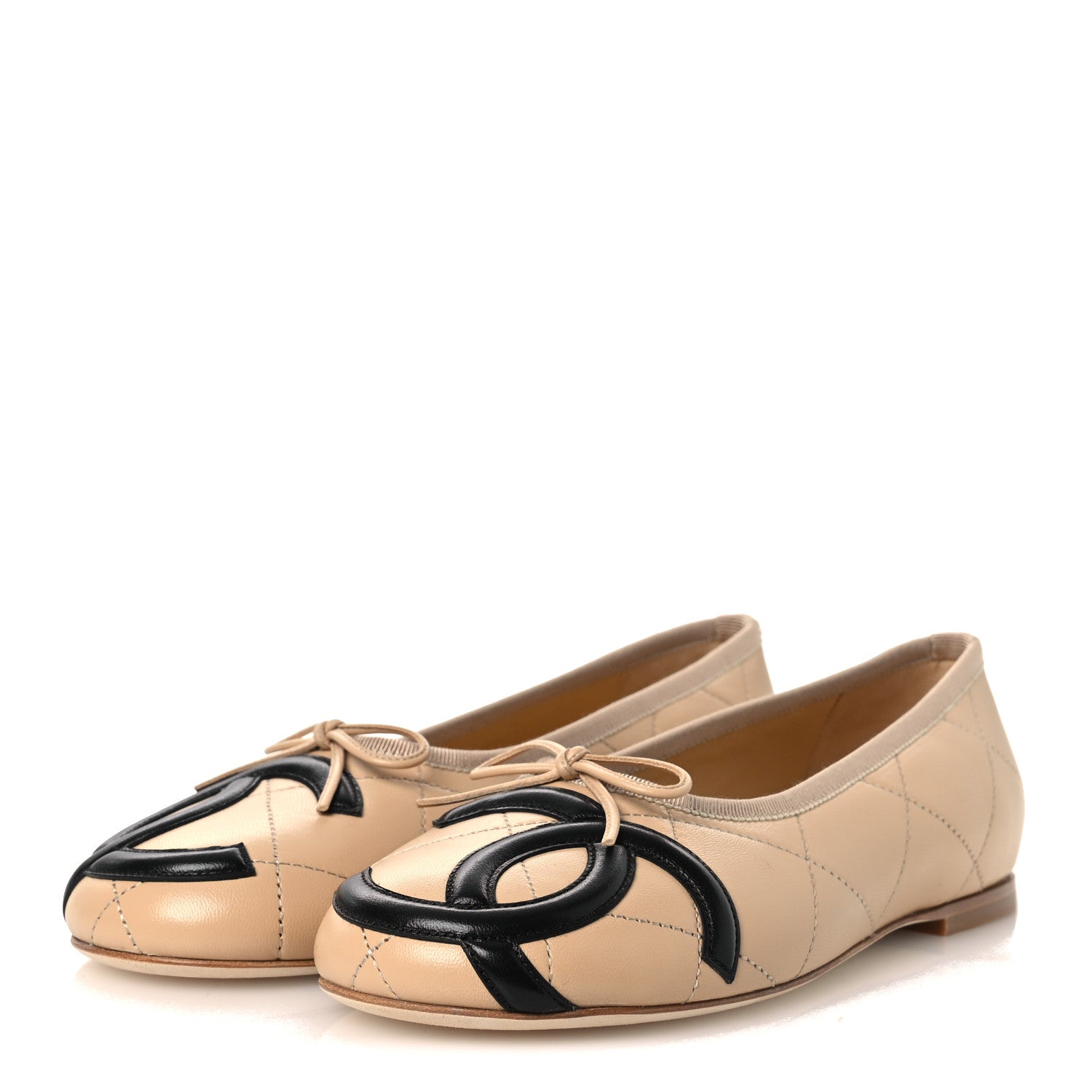 Chanel Lambskin Quilted CC Cambon Ballet Flats 38 Beige Black 4 of 11
