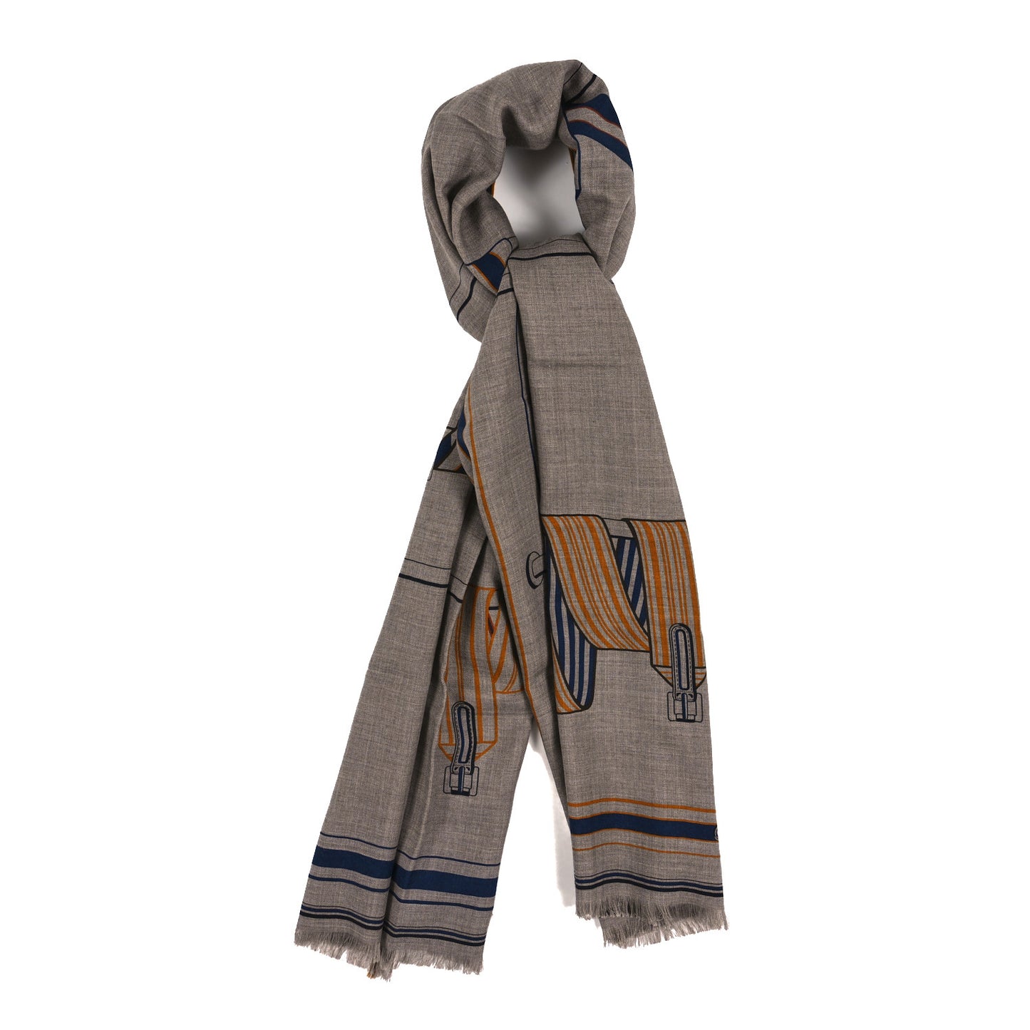 Cashmere Silk Les Sangles En Finesse Rectangle Scarf Etoupe Marine Jaune D'Or