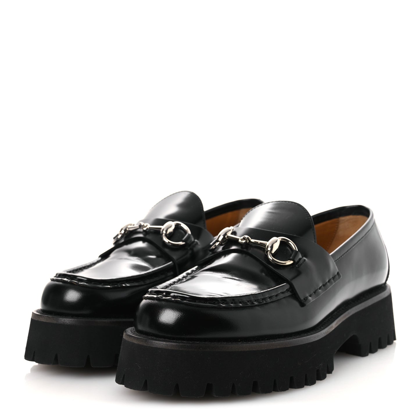 Calfskin Crystal Womens Horsebit Platform Lug Sole Loafers 38.5 Black