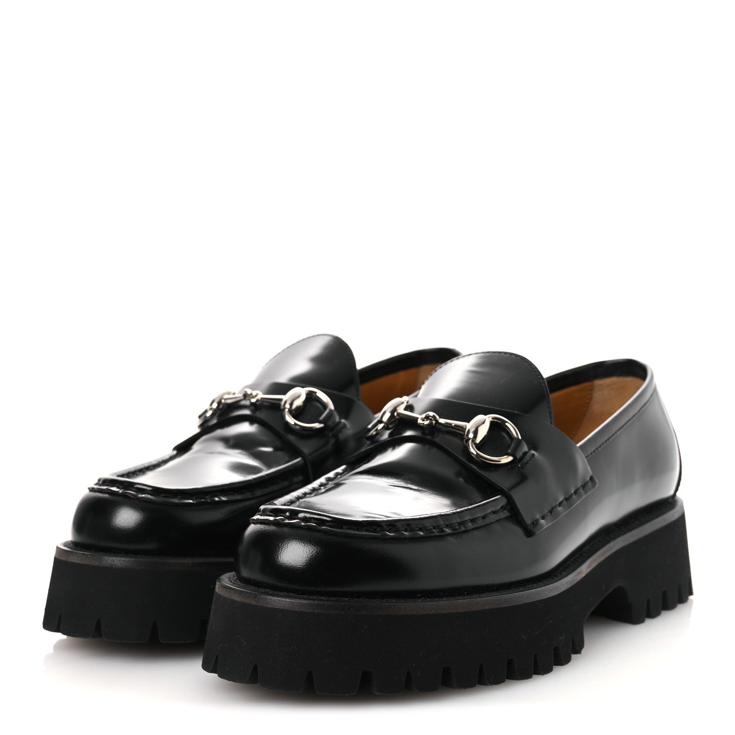 Gucci Calfskin Crystal Womens Horsebit Platform Lug Sole Loafers 38.5 Black 4 of 15